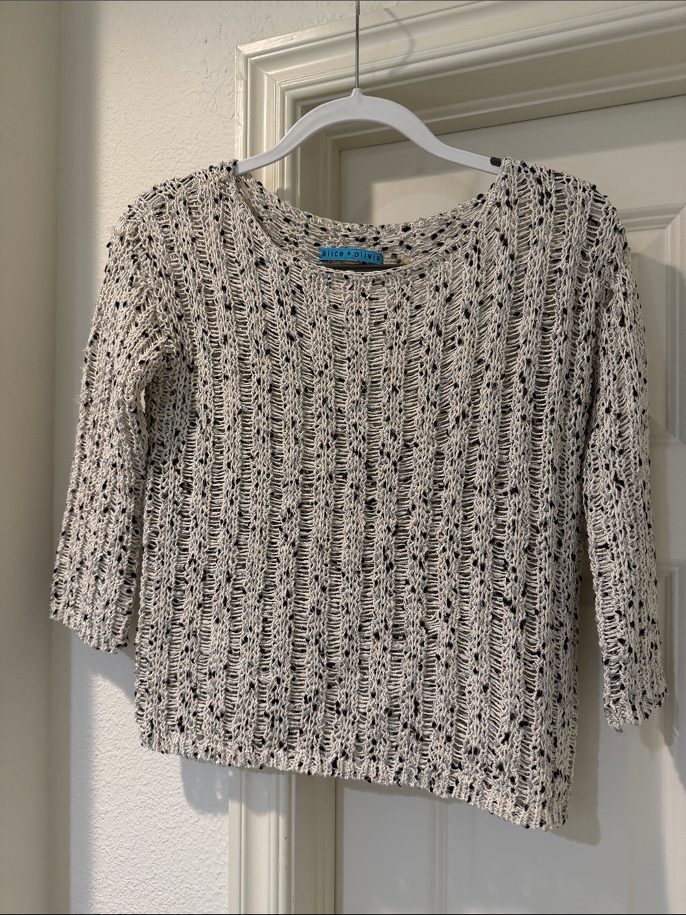 Alice + Olivia Cream and Black Open-Knit Scoop Neck Sweater